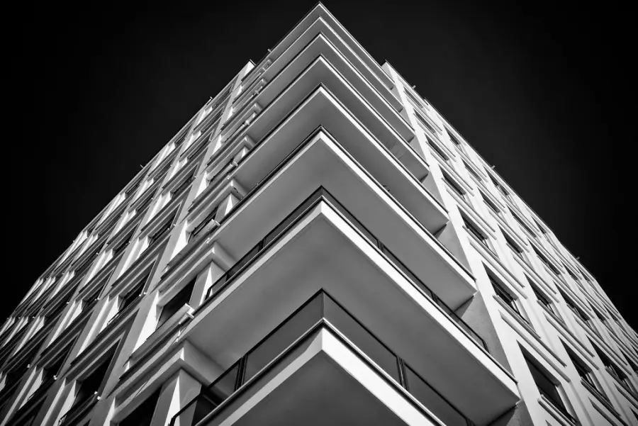 Modern building facade seen from below