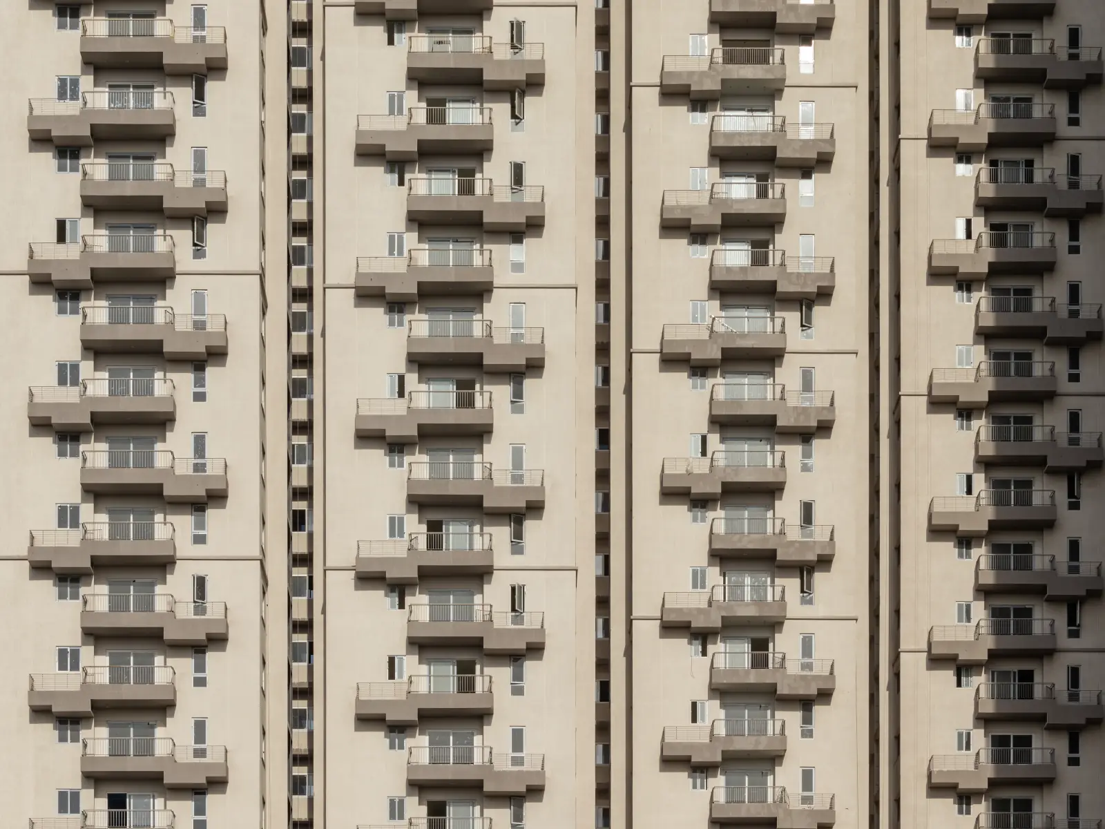 Rows of balconies on a residential tower in Hyderabad